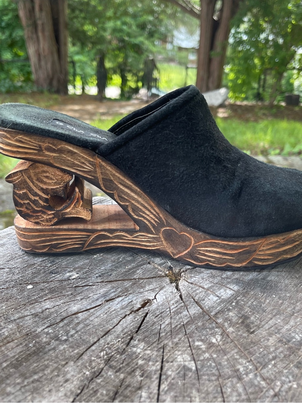 Vintage 90s "Cha Cha" Hand-Carved Wooden Wedge Mules / Clogs
